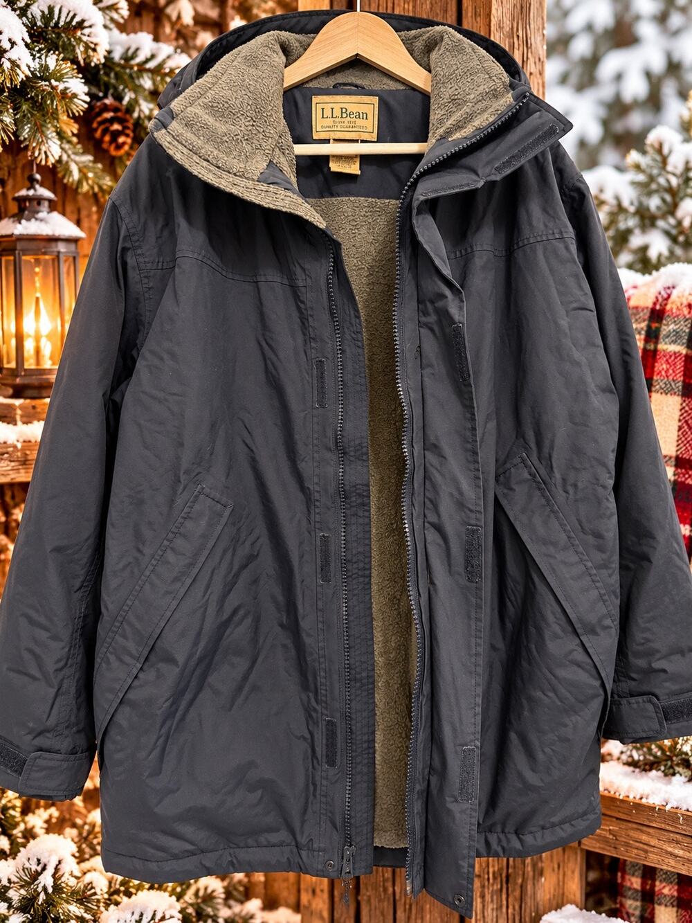 L.L.Bean Men’s Insulated Winter Parka Gray Fleece Lined Navy Charcoal Coat